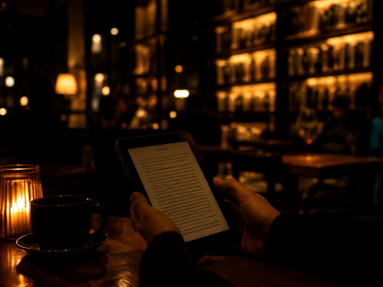 A reader browsing an e-reader in a lamp-lit café